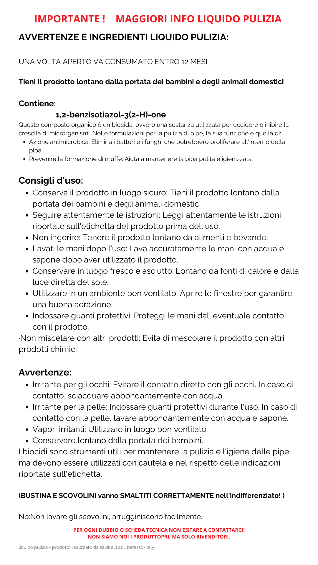 info ingredienti e avvertenze liquido pulizia